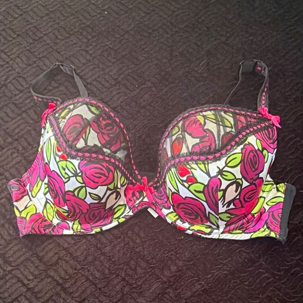Cacique Intimates 40D Black Pink Floral Rose Underwire Balconette Lace Bra